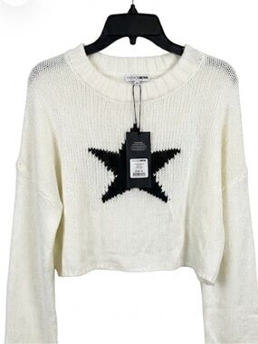 Fashion Nova White Knit Sweater with Black Star